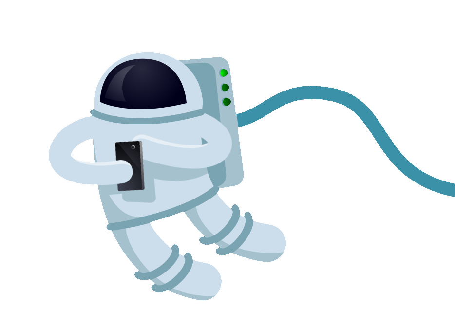 Cartoon astronaut floating in space, checking a phone, tethered by a cable